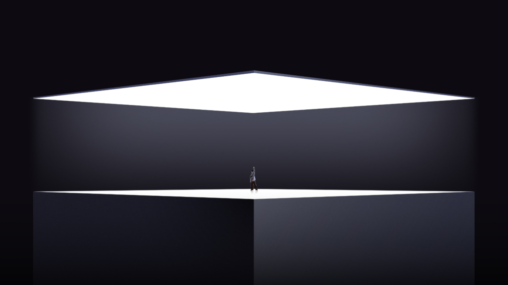 Futuristic composition professional standing on elevated geometric platform. Concept of career promotion, executive positioning, leadership visibility and strategic business advancement